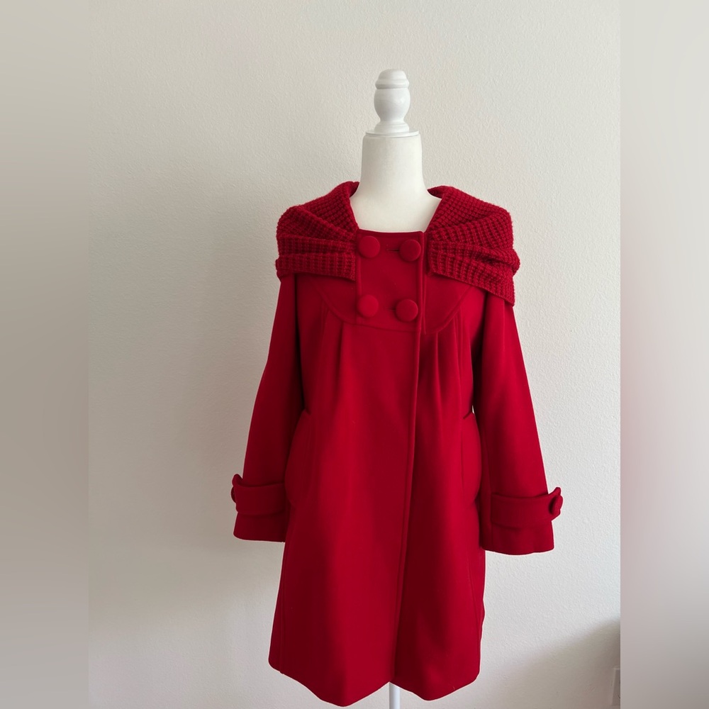Vintage-Inspired Red Wool Coat with Knit Shawl Collar – Double-Breasted